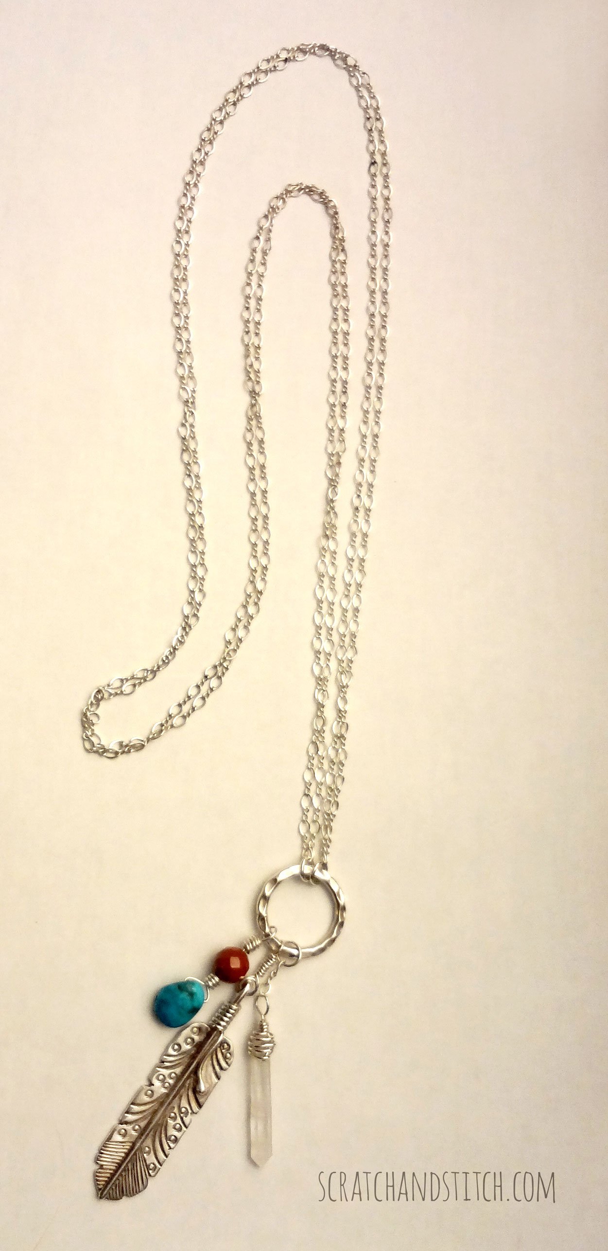 Long Silver Necklace with Feather by scratchandstitch