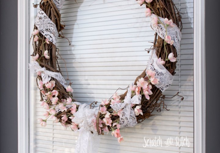 Spring Wreath DIY with vine, lace, and pink flowers | by Scratch and Stitch