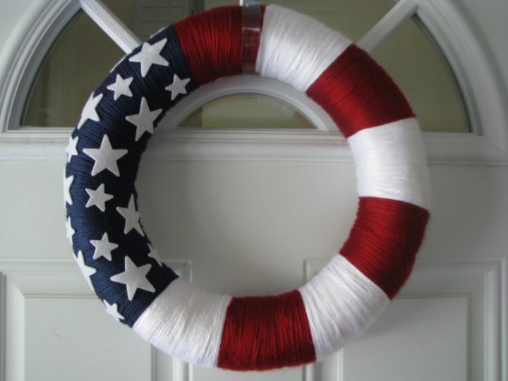 American Flag Yarn Wreath - American Flag Front Door Decor