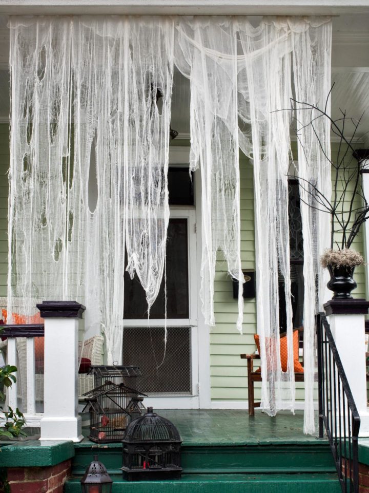 Front Door Halloween Cobwebs with Cheesecloth