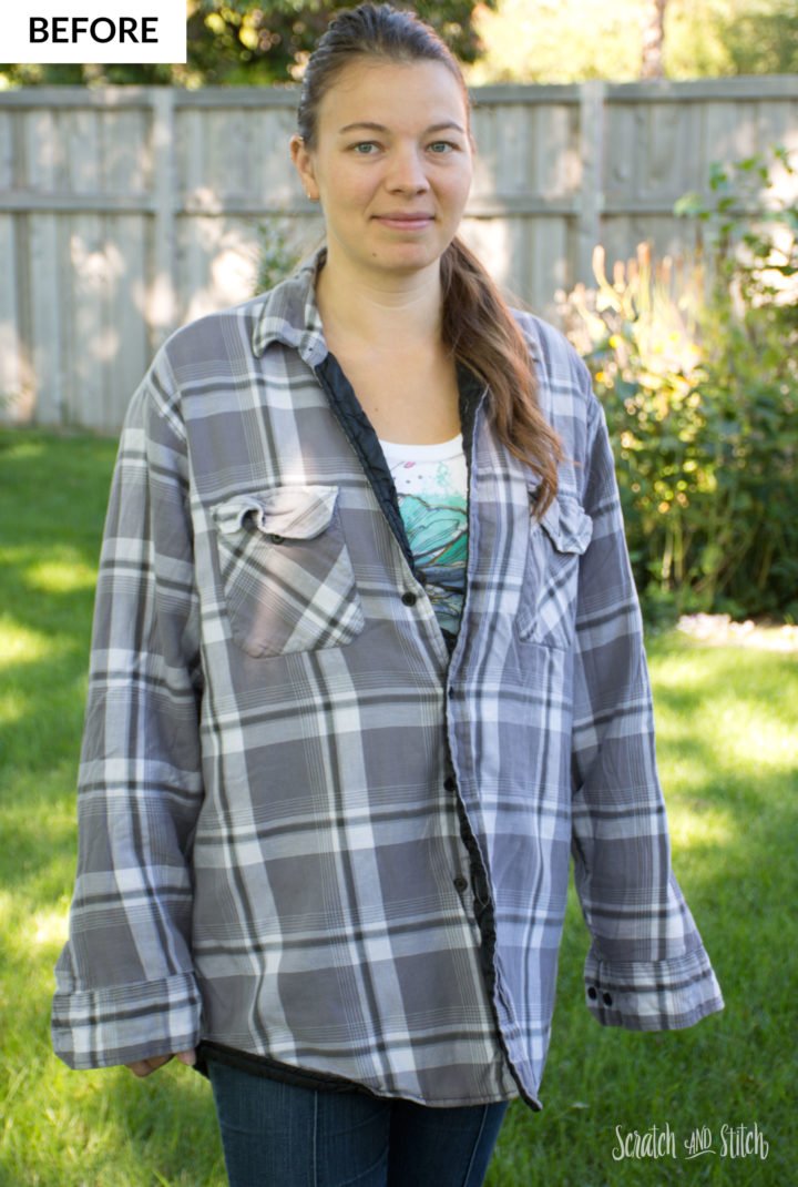 Flannel Shirt Refashion to Bomber Jacket BEFORE by Scratch and Stitch
