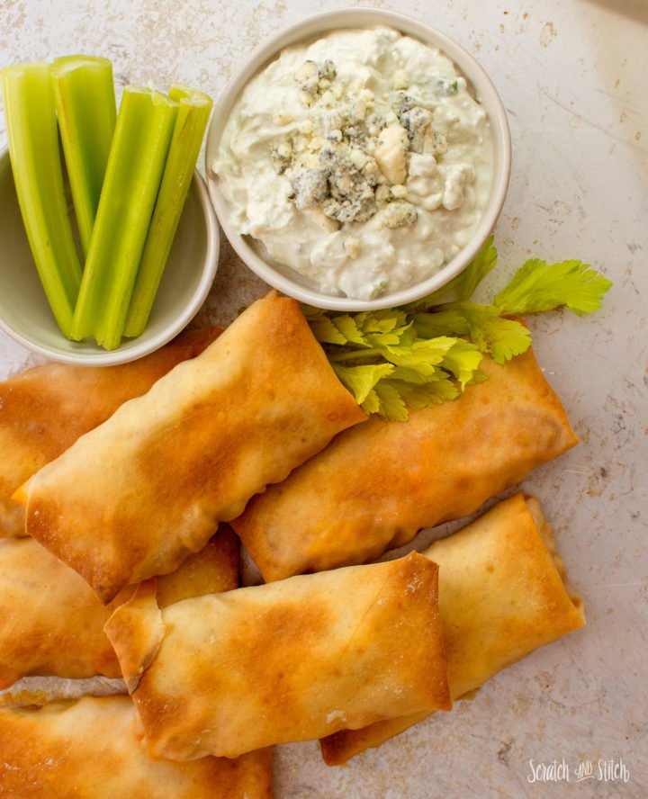 Buffalo Chicken Egg Rolls with Blue Cheese Dipping Sauce - scratchandstitch.com