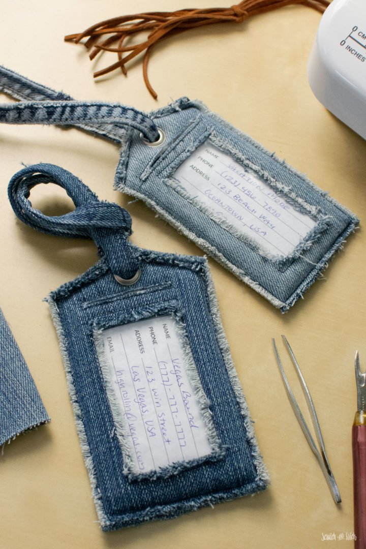 Easy Denim Upcycling Project - Luggage Tags Pattern by Scratch and Stitch