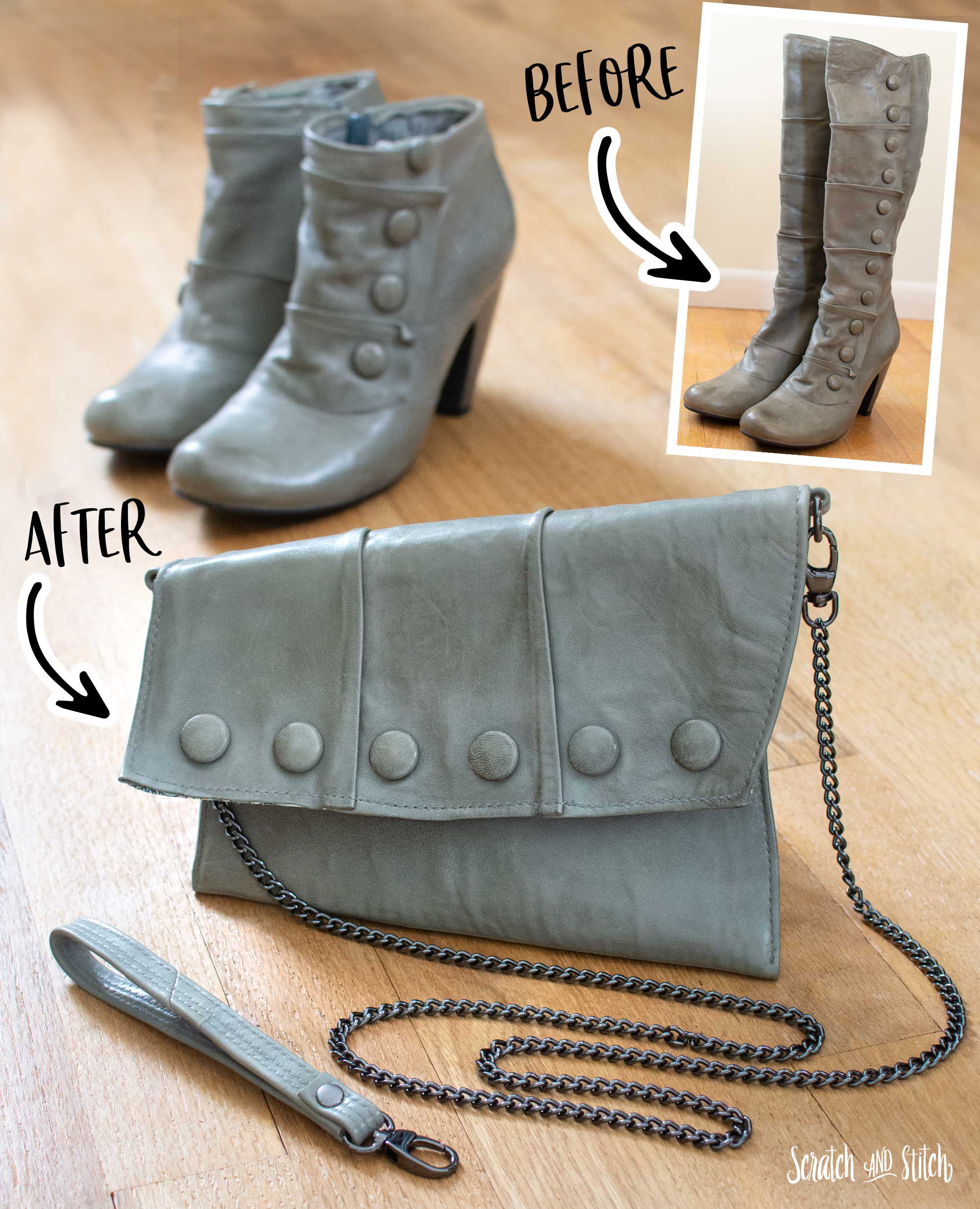 Upcycled Boots to Clutch Refashion | Scratch and Stitch