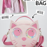 Upcycled Leather Bag with Cat Face in Pink