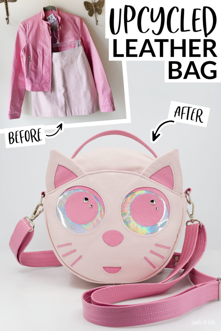 Upcycled Leather Bag with Cat Face in Pink