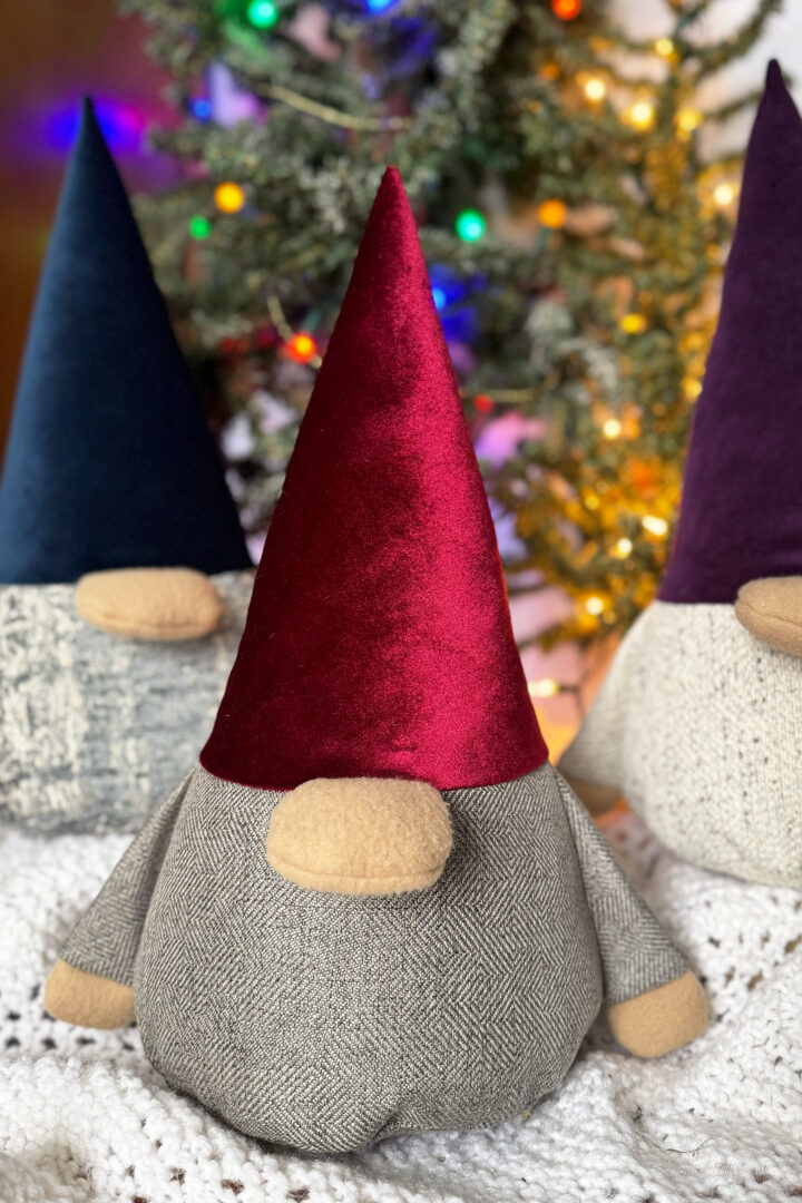 holiday gnomes made with velvet hats and upholstery fabrics
