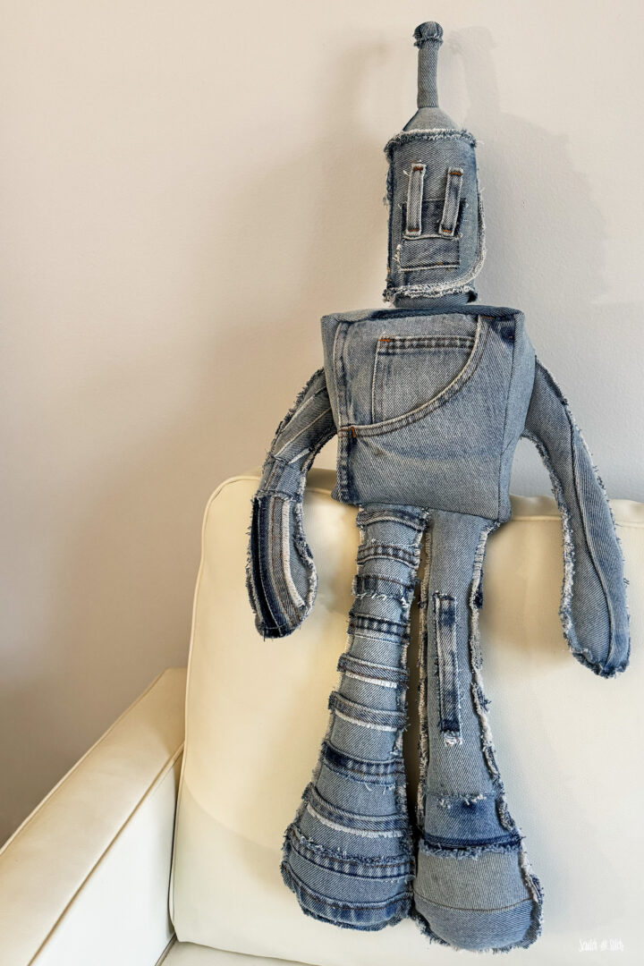 handmade stuffed animal made from upcycled jeans sewing pattern