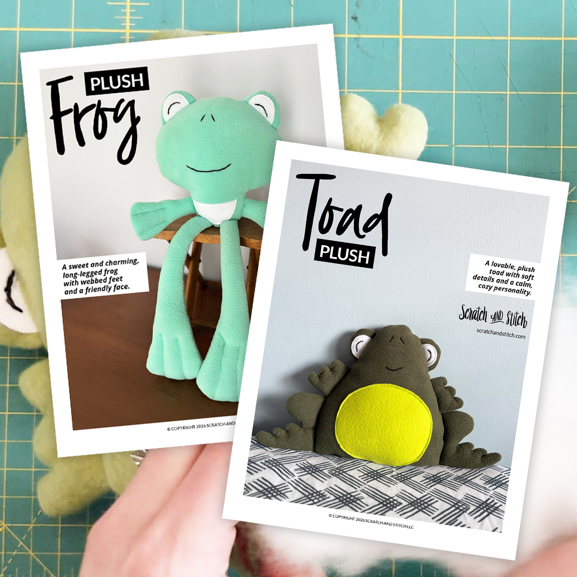 Promotional image for frog and toad plush sewing patterns showing printed pattern covers over a plush-making workspace, with polyfill stuffing, a cutting mat, and handmade plush details from Scratch and Stitch.