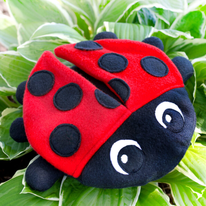 Ladybug plush sewing pattern listing image with a finished ladybug softie posed in a simple styled setting. Cute handmade stuffed insect plush from Scratch and Stitch with rounded body shape, stitched face details, and clean plush construction. Beginner-friendly plush toy sewing pattern for a fun gift sew.