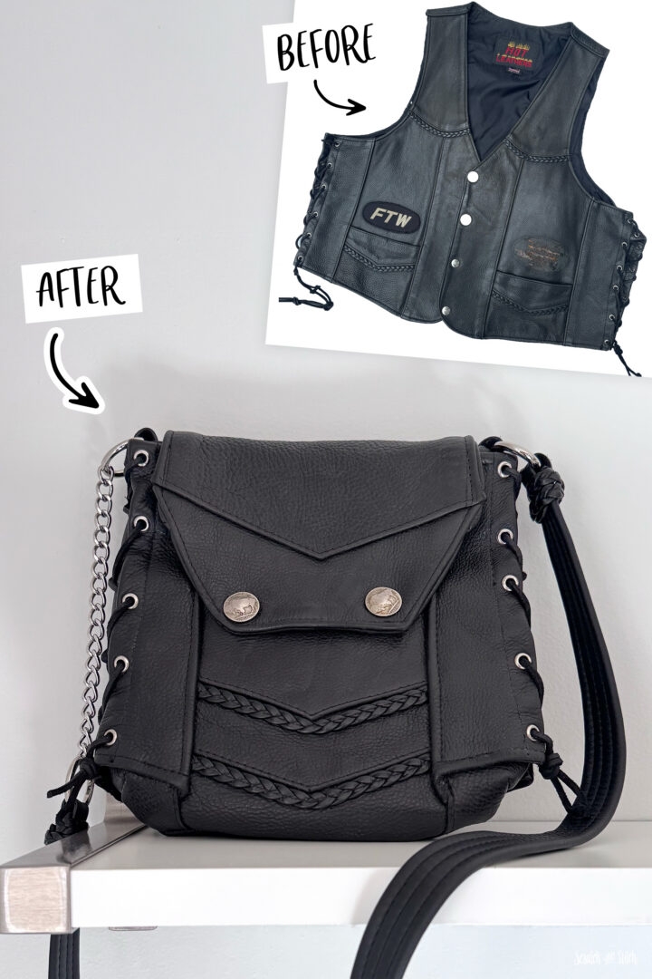Before and after of a leather biker vest turned into a custom crossbody memory bag with original snaps, braiding, and side lacing
