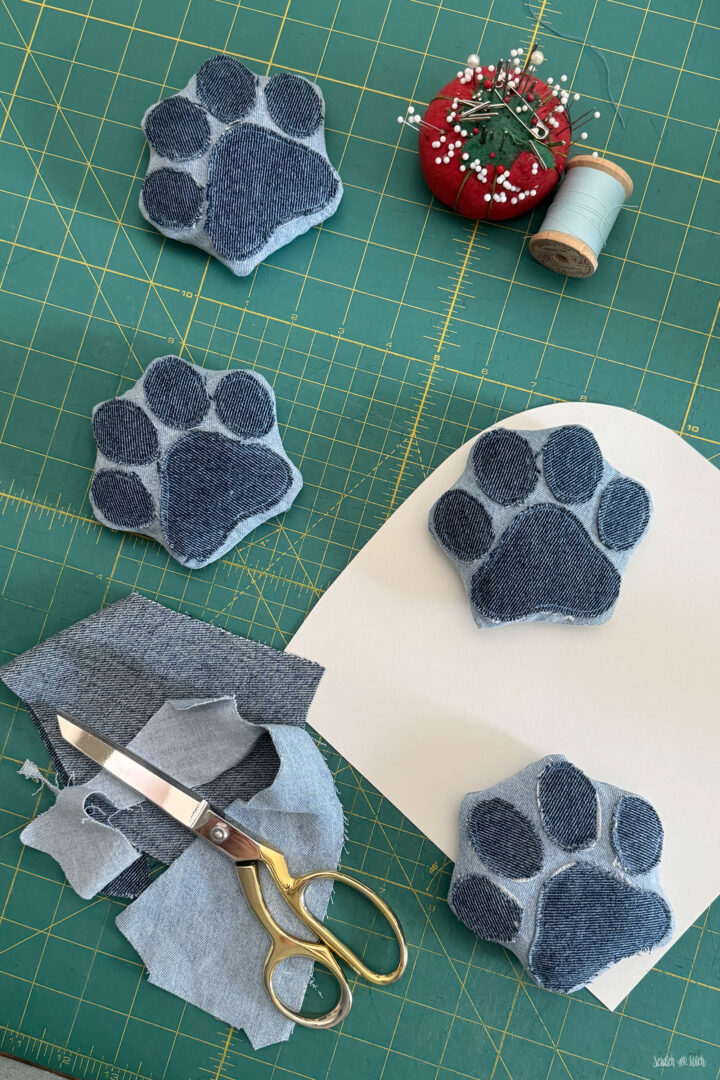 Denim paw print sewing pattern weights filled with weighted beads